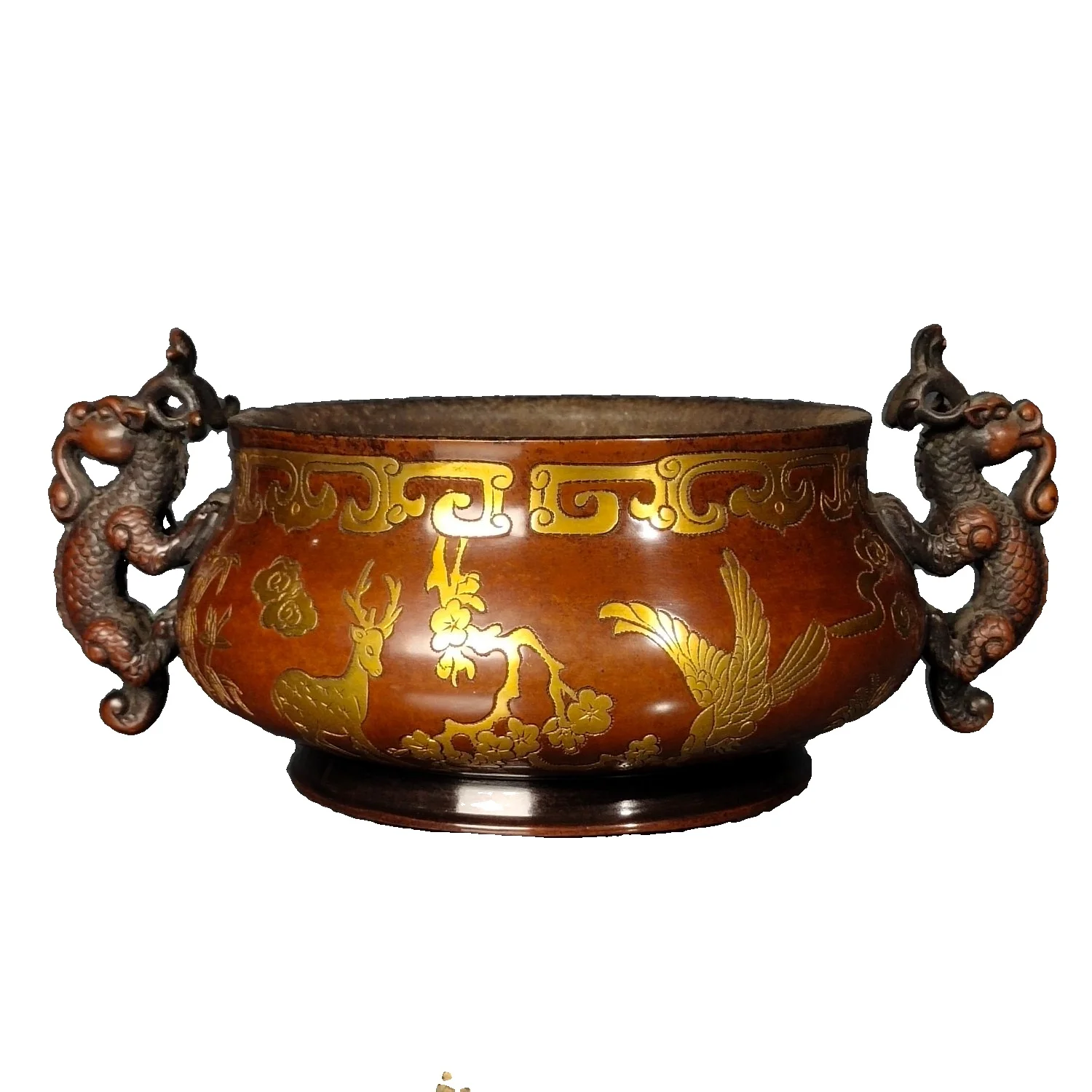 

Laojunlu горелка для благовоний из позолоченной бронзы с двойными ушками дракона, Античная бронзовая коллекция шедевров из Китая
