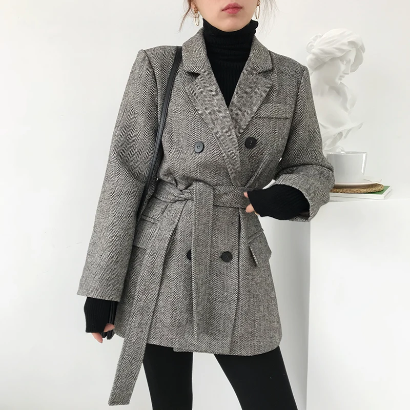 Шерстяное пальто на осень и зиму женское повседневное длинное серое двубортное