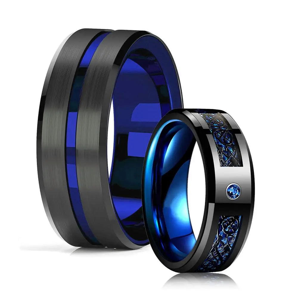 

8MM Fashion Men's Blue Groove Beveled Edge Stainless Steel Dragon Ring Blue Red Zircon Inlay Blue Carbon Fibre Ring Wedding Band