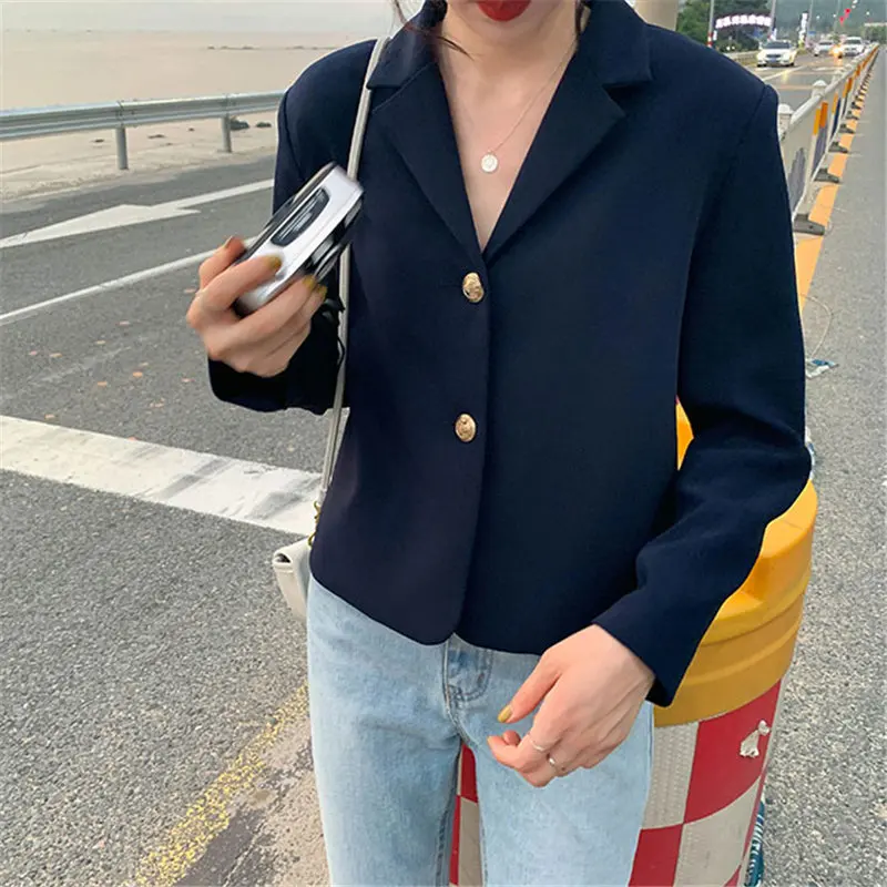 

HziriP 2021 High Street Stylish Short Women Casual Vintage Slim All Match Chic High Waist Loose Solid Coats Gentle Tops Blazers