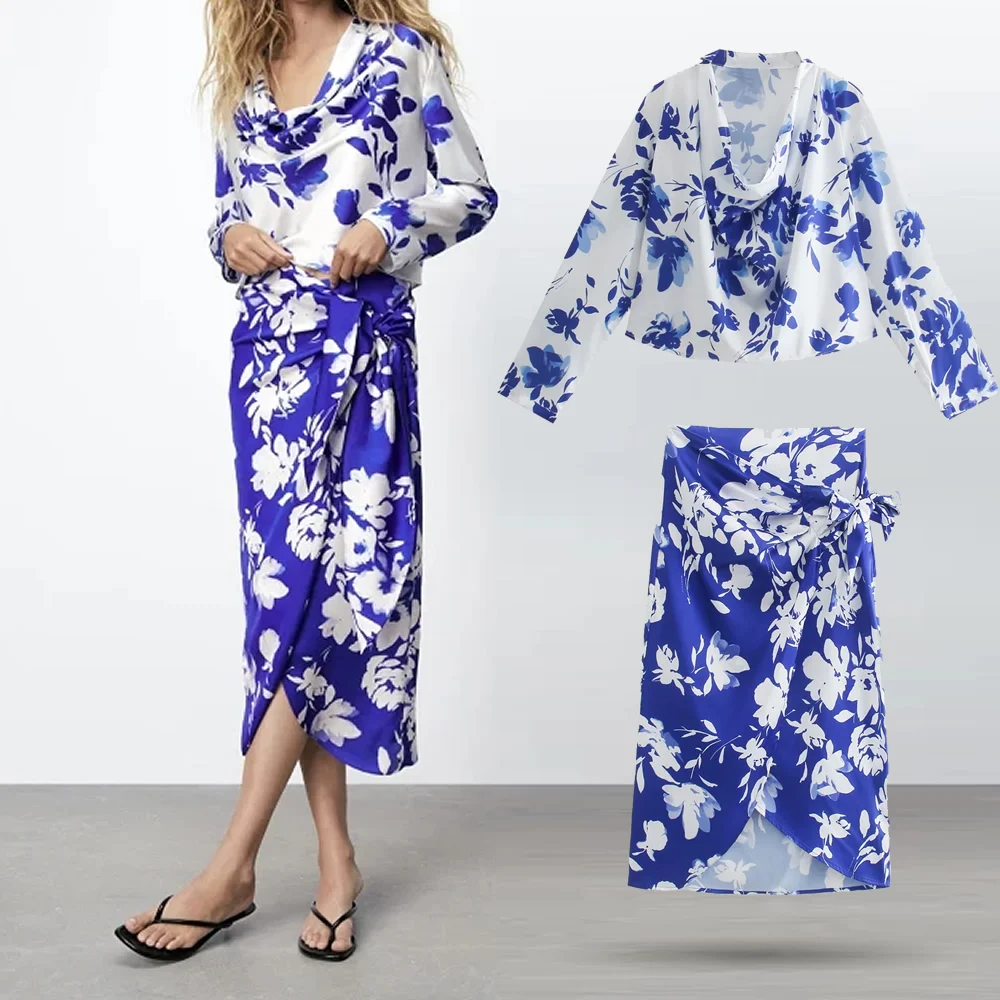 

2021 новый стиль весна осень длинный рукав с принтом Блузка средней длины с разрезом юбка костюм женская рубашка Элегантная женская одежда