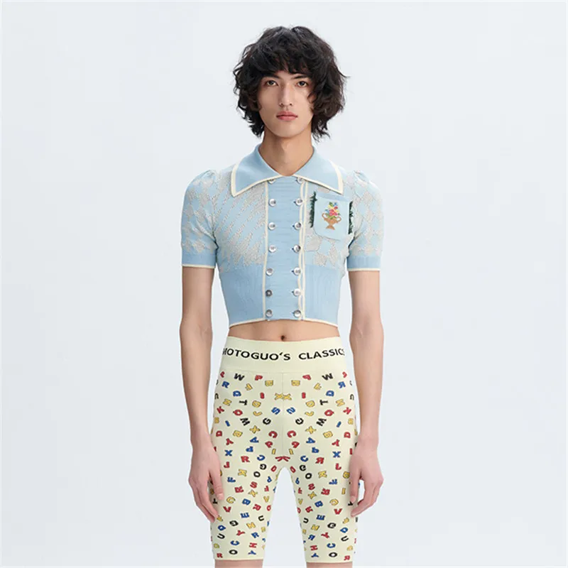 

Кроп-топ облегающий с воротником, модный вязаный крючком двубортный женский кардиган с вышивкой, лето 2020