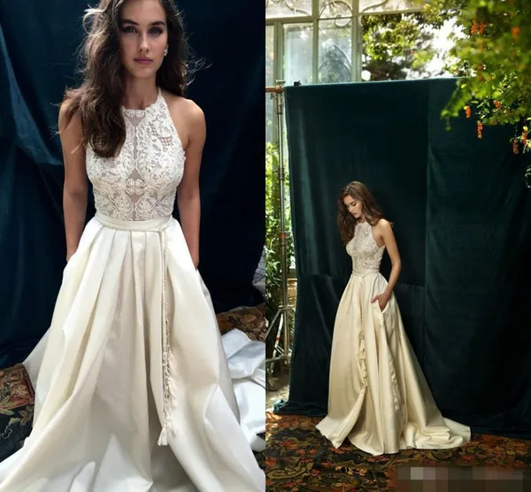 Boho свадебный наряд 2019 кружева и атлас без рукавов богемные Холтер пляжные