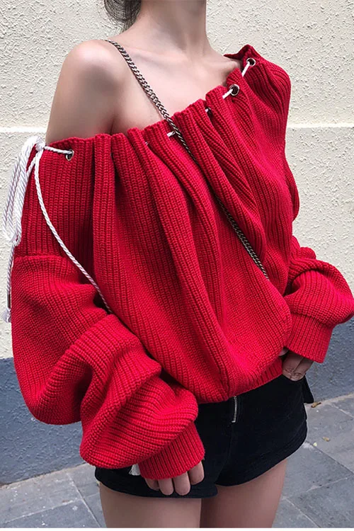 

Sexy Off Shoulder Ladies Female Red Sweaters Fairy fz014 Casual Loose Design Female Pullover Tops 2020 Women's Sweaters