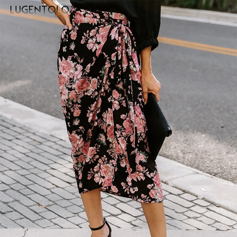 

Lugentolo Sexy Skirt Elegant Women Summer Beach Bandage Irregular Thin Flower Print Female Casual Long Skirts