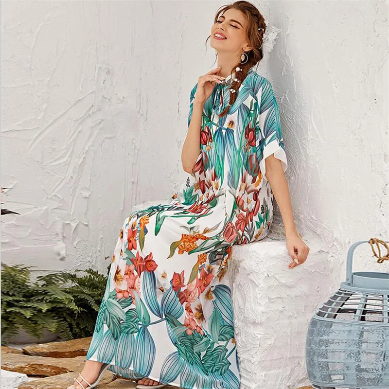 

Bohemian Ethnic Long Maxi Dress Women Summer Kaftan Dresses Dubai Abaya Caftan Loose Short Sleeve Gown Vintage Robe Clothing New