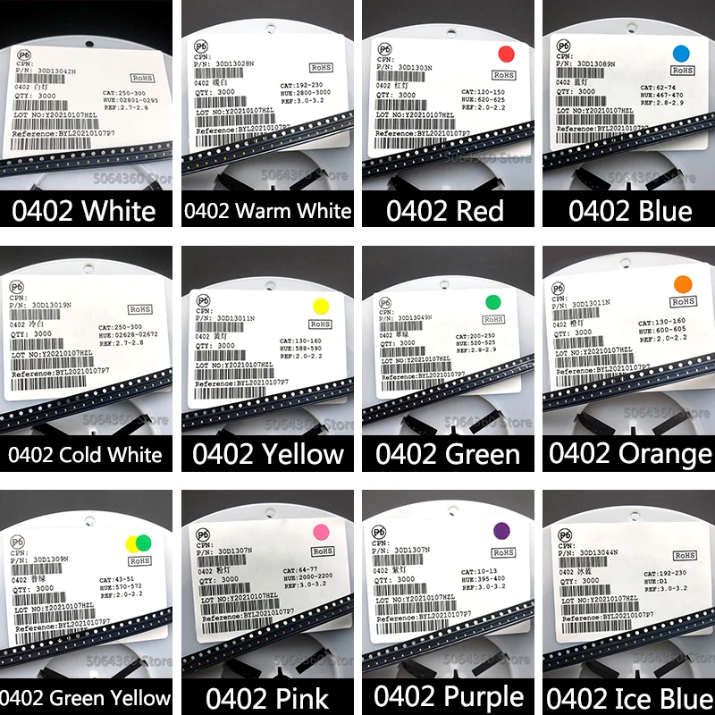 3000 шт. полный катушка 0402 SMD LED светодиод теплый белый красный зеленый голубой