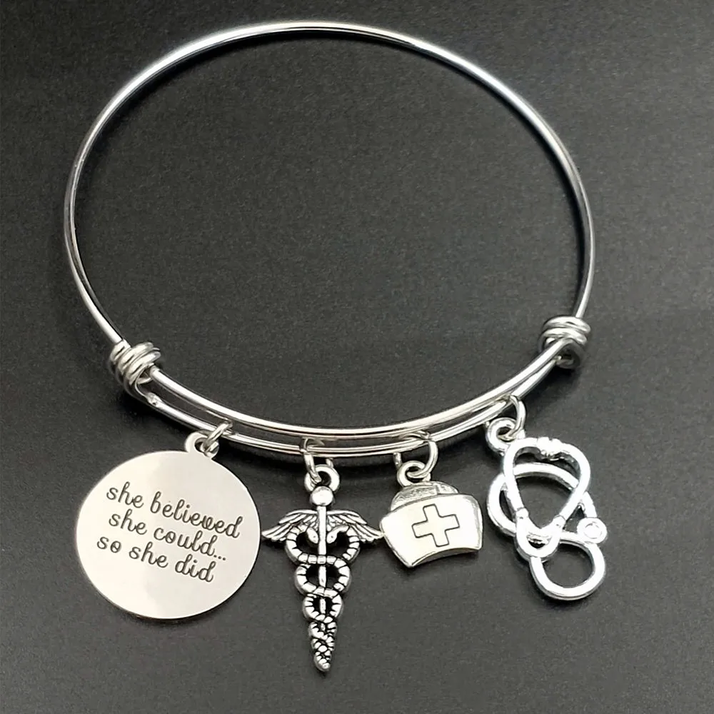 

Bangle Nurse Graduation Jewelry Gift Idea Caduceus Cap Stethoscope Charms DIY Girls Bracelets