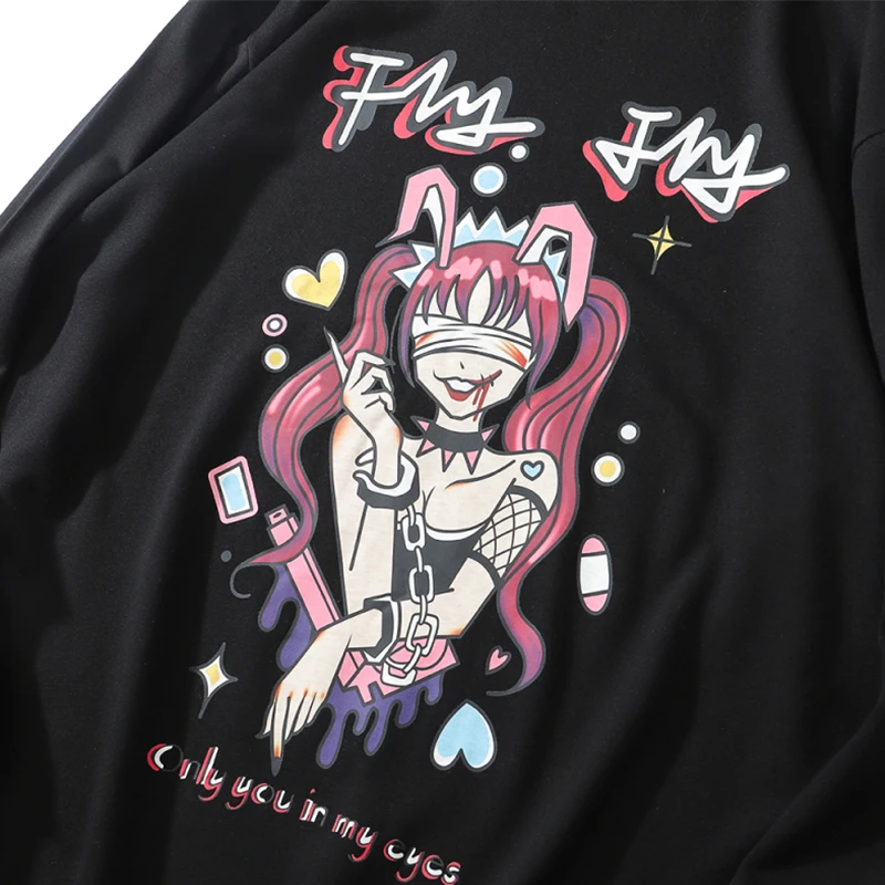 

JING ZHE Women's Long Sleeve T Shirts Cartoon Manga Girl Printing Pullovers High Street Oversized Tops Tees Cool Cozy Streetwear