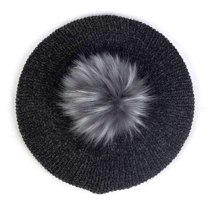 Dark Gray17 Geebro Модные женские вязаные шапки с помпон из искуственного меха Pom элегантные Для женщин зимние теплые Шапки Чепчик для девочки шапки плоский головной убор берет BL005 - Цвет: Dark Gray17