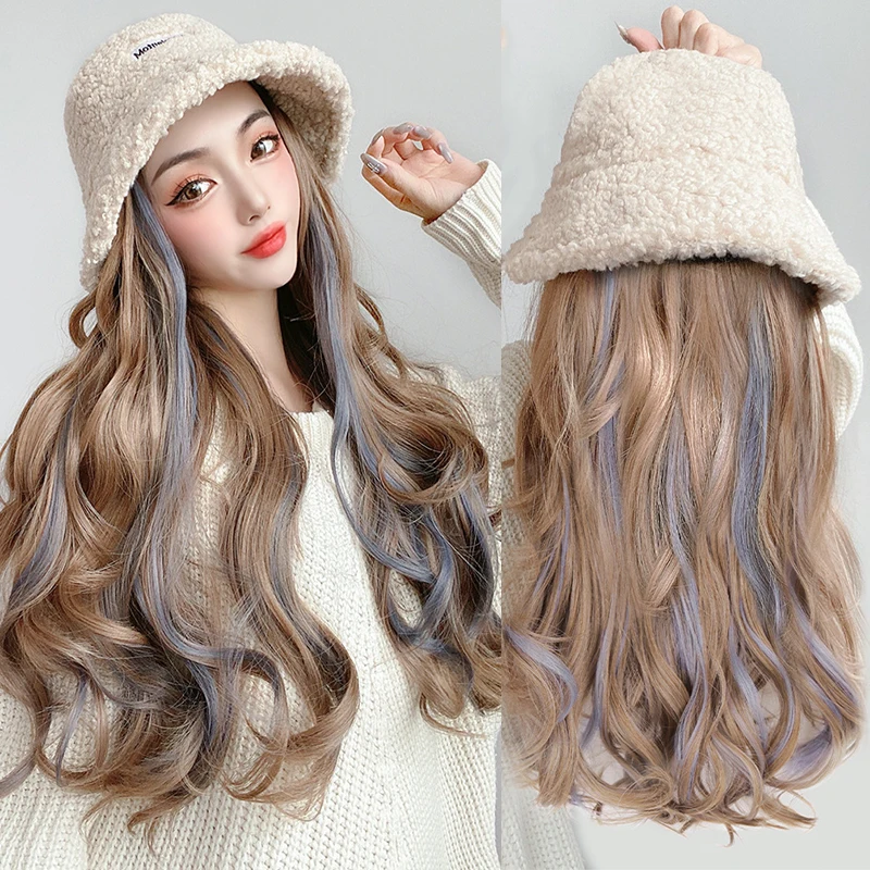 

Hat Wig Synthetic Long Wavy Fisherman Cap Women's Wig Brown Mixe Blue Warm Fashion Autumn Winter Knitted Hat Wig Hair Extension