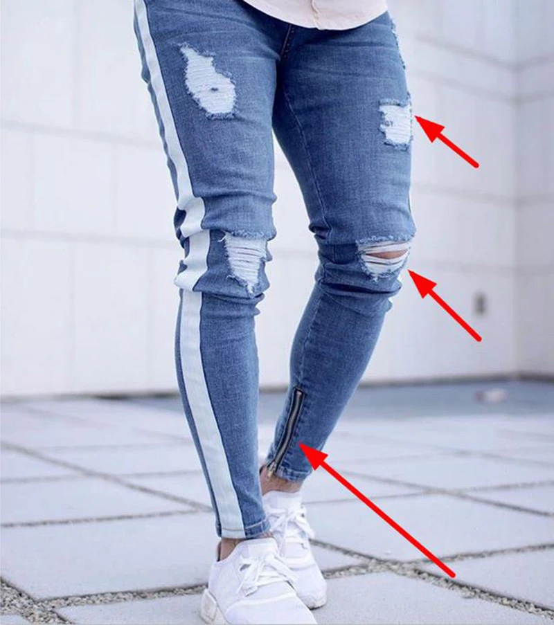 

Skinny Men's Jeans Sexy Ripped Elastic Hip-Hop Blue Trousers Hot Sale Spring Straight Streetwear Pencil Nine-Point Pants 2021