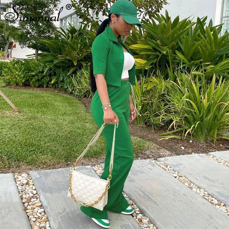 

Simenual Sporty Zipper Sweat Top And Pants Two Piece Outfits Casual Short Sleeve Athleisure Streetwear Matching Sets Pure Color