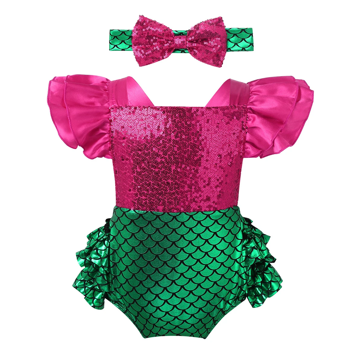 

Newborn Baby Girls Mermaid Princess Dress Shiny Sequins Backless Romper + Headband 2Pcs Set for Toddler Girls Halloween Cosplay