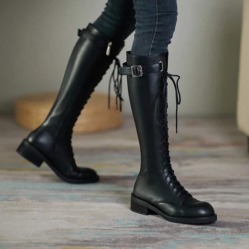 

MoonMeek 2021 Genuine Leather Boots Thick Heels Round Toe Lace Up Knee High Boots Winter Solid Color Women Boots Black White