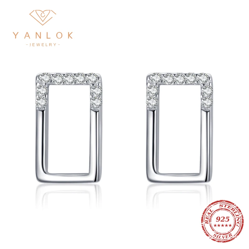 

YANLOK New Trendy Pure 925 Sterling Silver Flower Rectangle Clear CZ Stud Earrings For Women Sterling Silver Jewelry Gift Bijoux