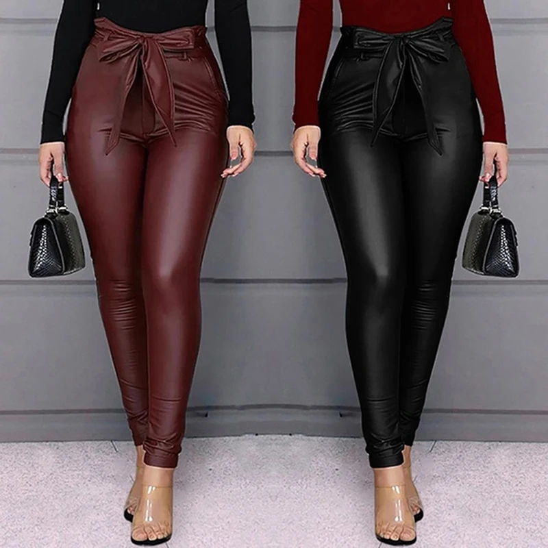 

Belt High Waist Pencil Pant Women Faux Leather PU Sashes Long Trousers Casual Sexy Exclusive Design Fashion