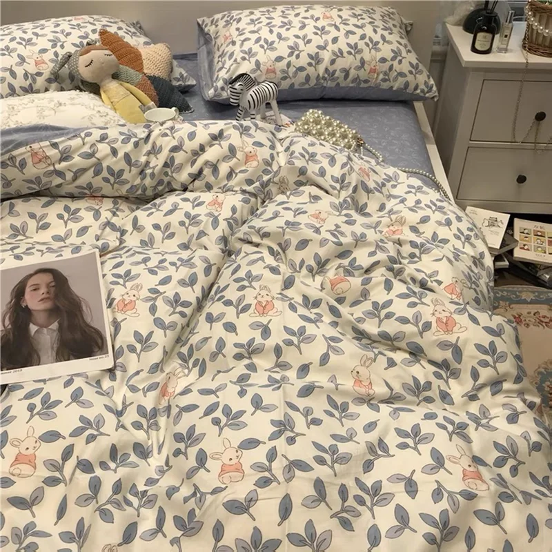 

Ins Korean Style Pure And Fresh Blue Cartoon Girl Heart Little Rabbit Rural Wind Floral Bed Four Sets Of Cotton Pure Cotton