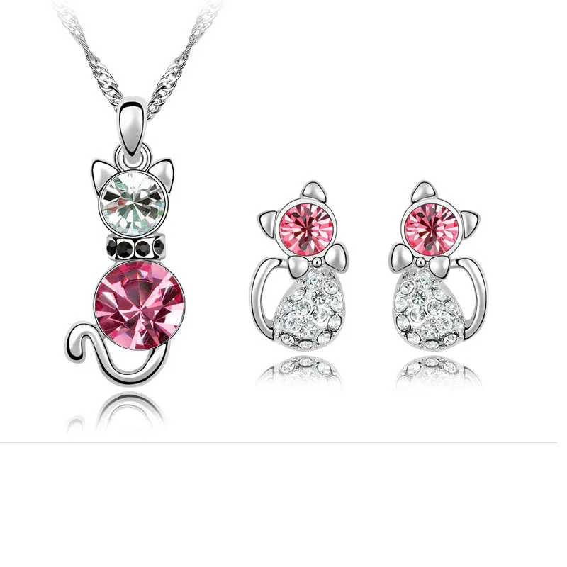 Новинка 2019 красивое колье с котом серьги набор модный Кристальный золотой