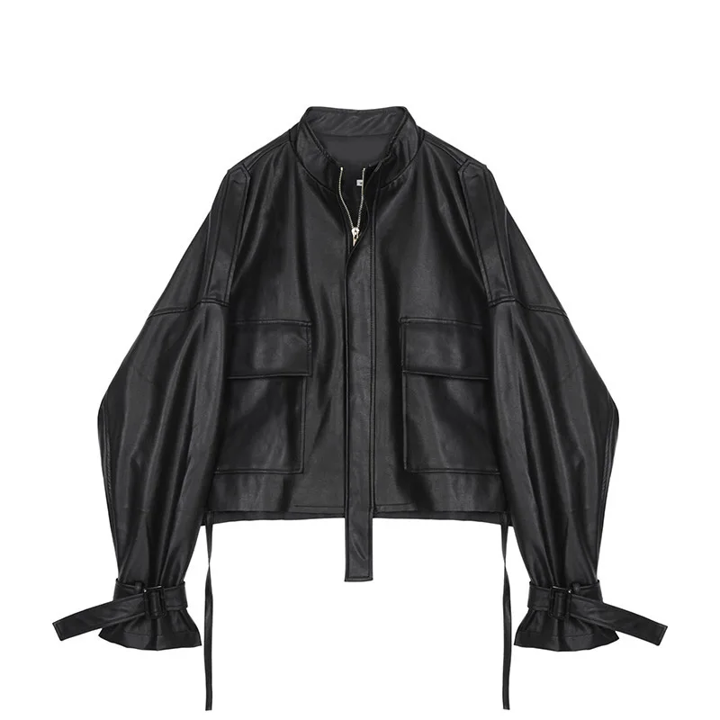 

black PU leather jacket for woman 2020 autumn winter harajuku korean style woman clothing streetwear