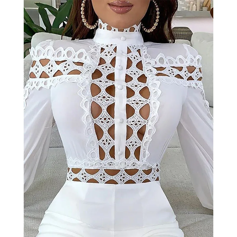 

Women Solid Hollow Out Jumpsuits Female Sexy Stand Collar Full Puffy Sleeves Short Rompers Lace Splice Nightclub Party Bodysuit