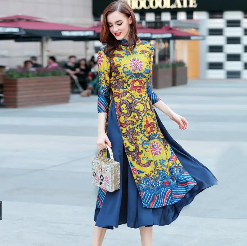 Cheongsam вьетнамские женщины среднего возраста Аутентичные Длинные Элегантные