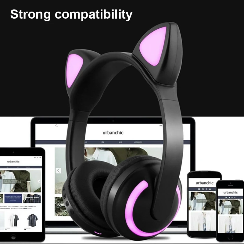 Кошачьими ушками светящиеся Беспроводной Bluetooth наушники игровая гарнитура