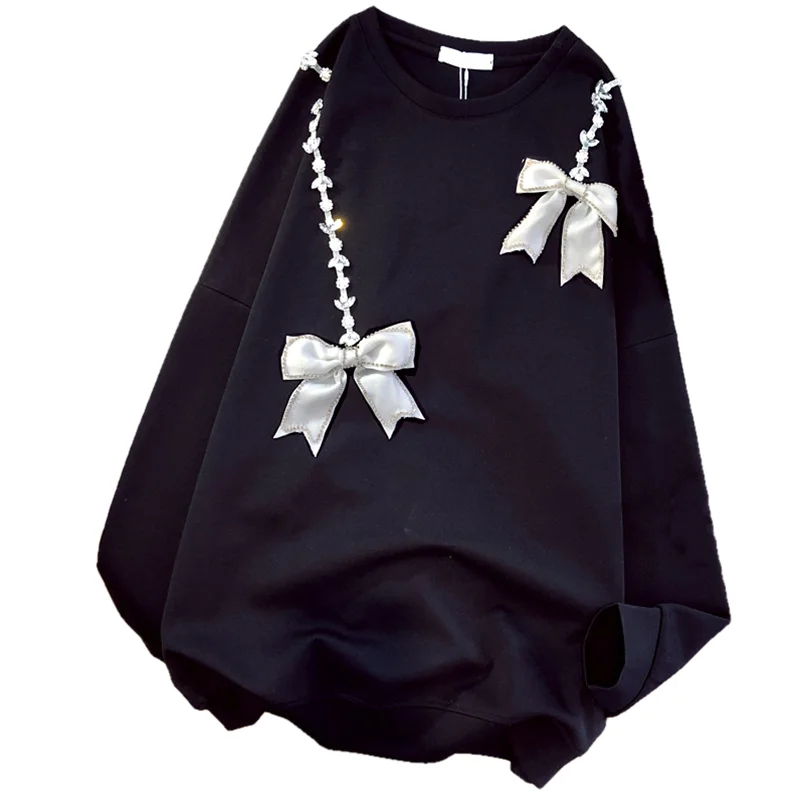 

Autumn Winter Women Hoodies Sweatshirts Korean Style Beaded Bowknot round Neck Black Loose Long Sleeve Sweatershirt Women's Top