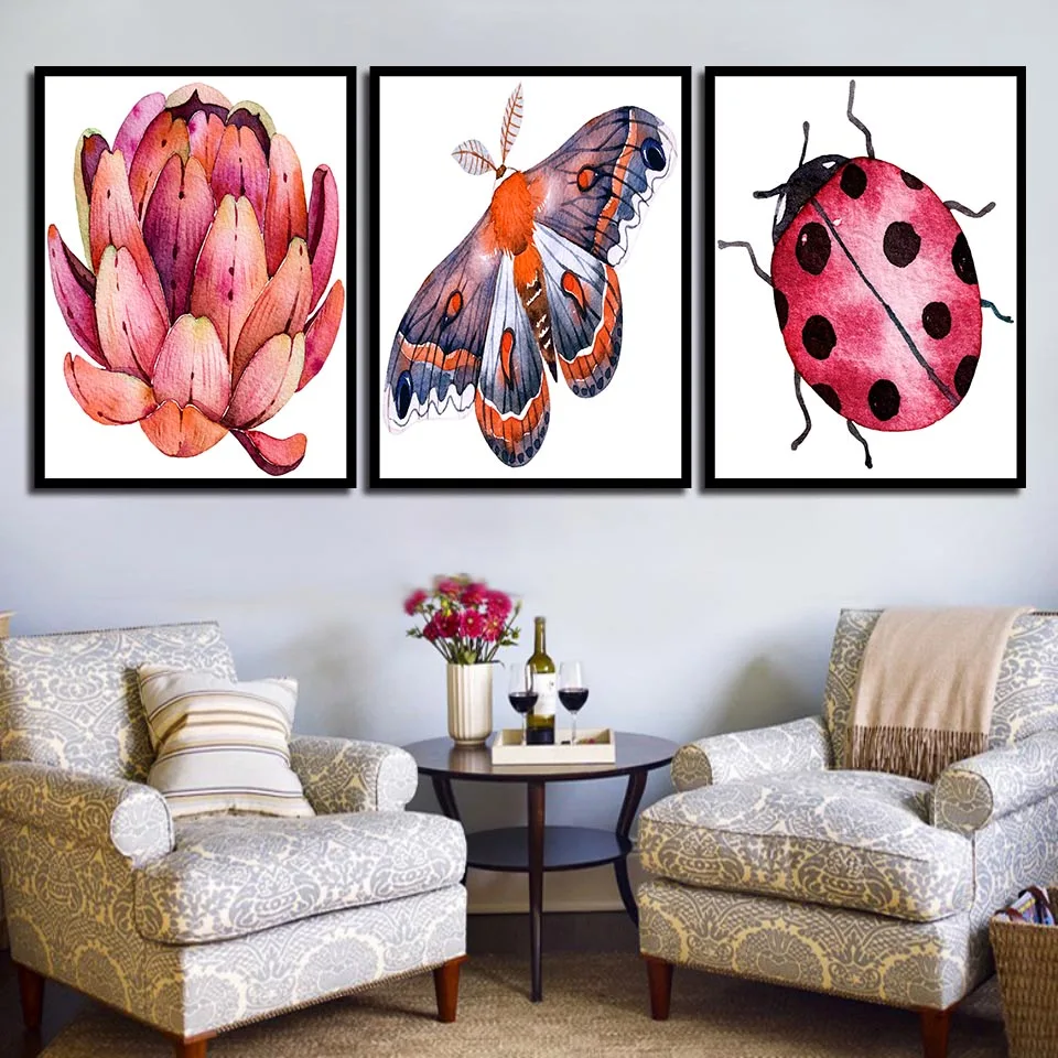 

Modern Animal Seven-Spot Ladybug and Lotus Canvas Painting Print Poster Picture Home Wall Art Decoration Can Be Customized