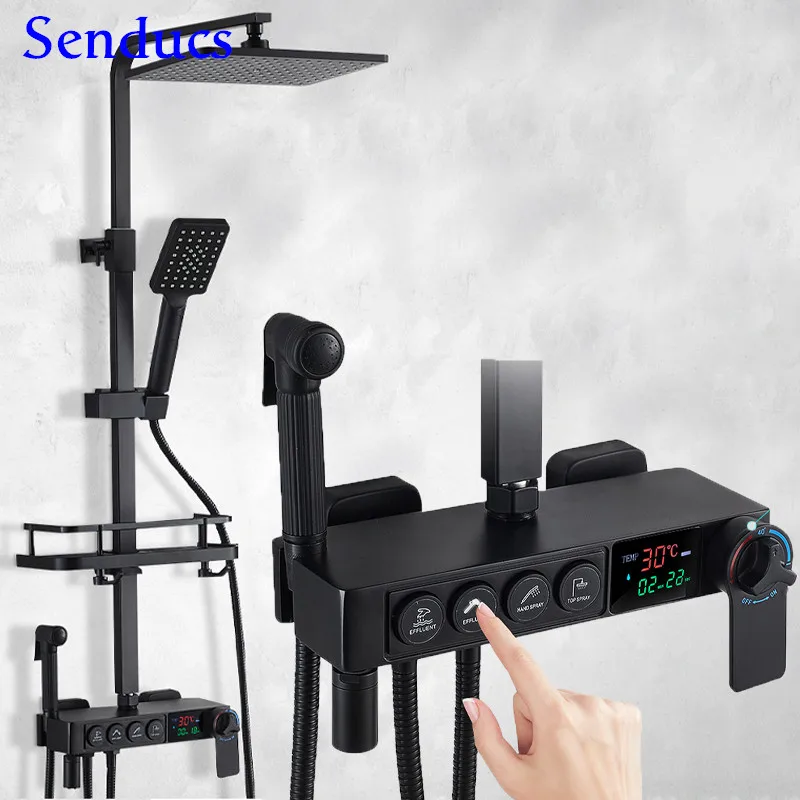 

Matte Black Shower Set of Temperature Display Digital Bathroom Shower System Rainfall Shower Head Thermostatic Shower Mixer Set