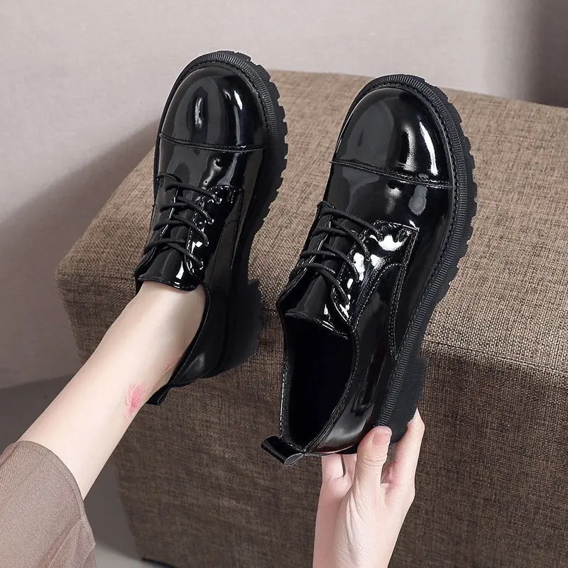 

2020 Spring Oxford Shoes For Women Winter British Style Leather Shoes Women Square Heel Lace-Up Flat Platform Shoes Woman