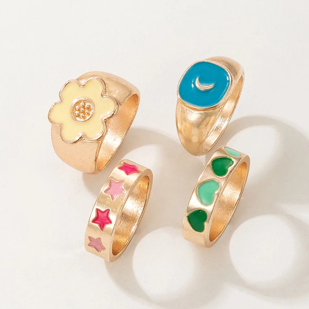 

New Ins Creative Colorful Flower Love Ring Vintage Drop Oil Geometric Star Moon Rings For Women Girls Fashion Jewelry Gift