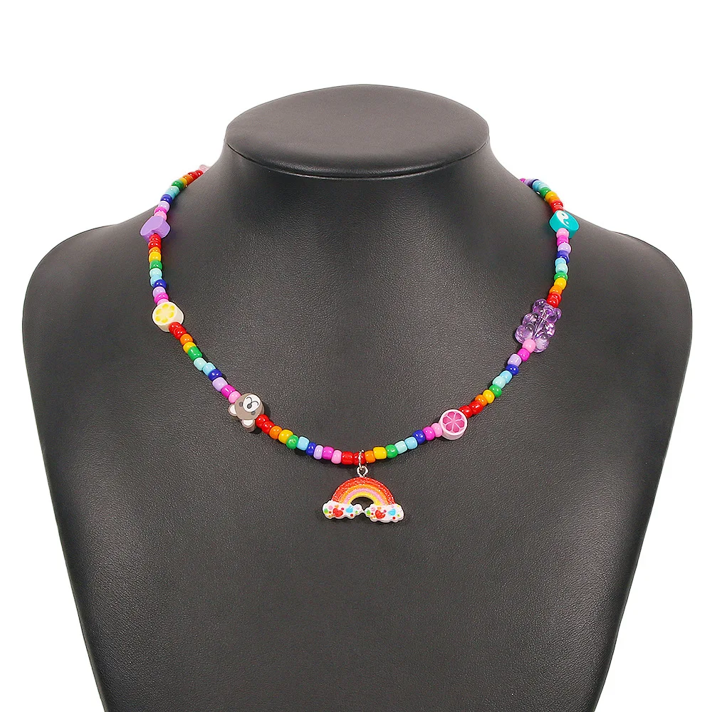 

Rainbow Pendant Necklace for Women Bohemian Colorful Soft Pottery Beads Bear Fruit Gossip Heart Chokers Necklaces Jewelry