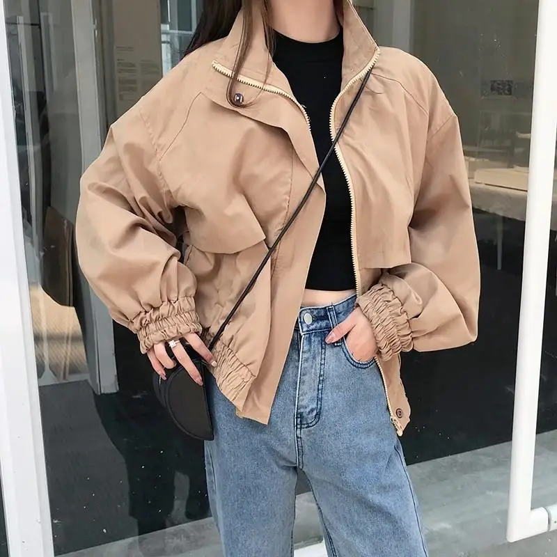 Женское осенне зимнее милое пальто с длинным рукавом воротник стойка однотонное