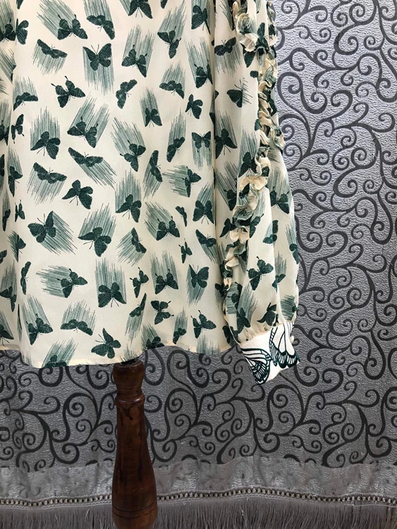 

Women's Blouses 100%Silk 2021 Spring Summer Tops Ladies Turn-down Collar Butterfly Patterns Long Sleeve Casual Pink Green Tops