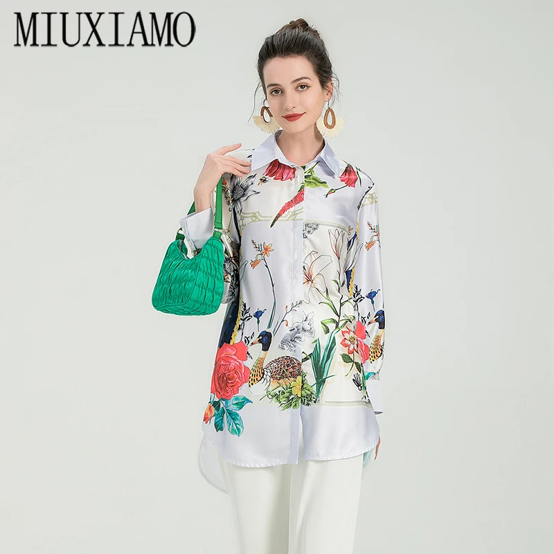 2021 New Summer Fashion Turn-Down Collar Floral Printing Asymmetry Chiffon Loose Blouse Elegant Office Lady Style