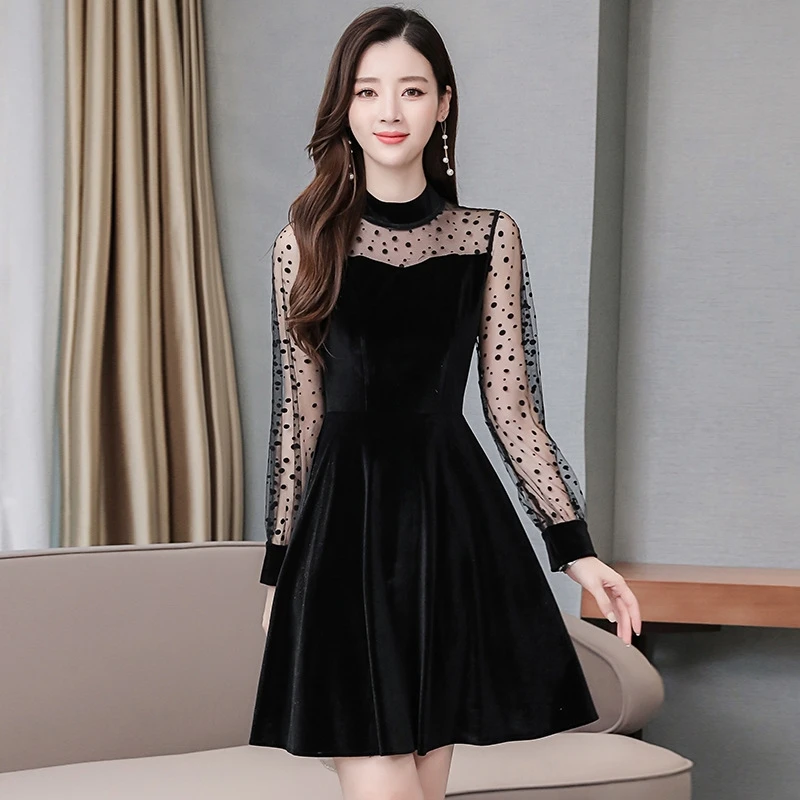 Новинка сексуальное женское черное бархатное платье в горошек Хепберн винтажное
