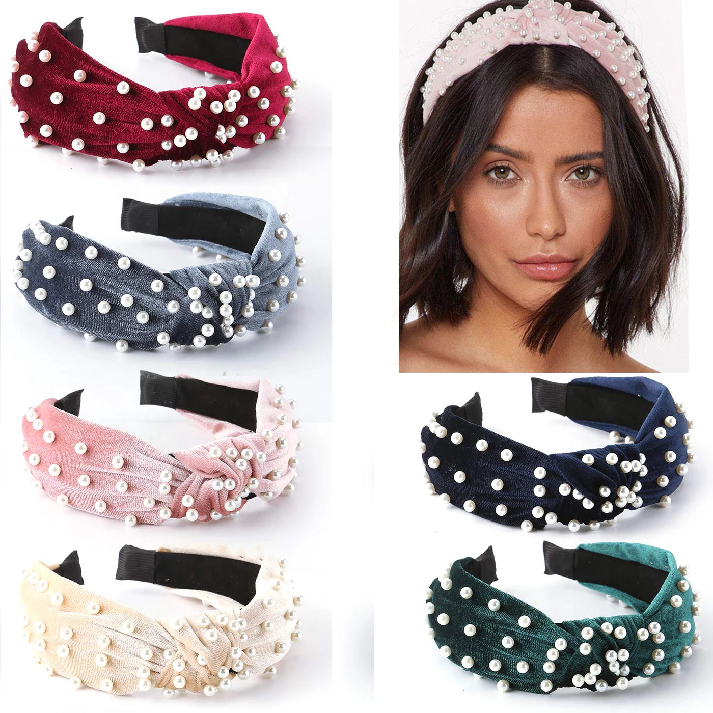 

9 Colors Velvet Headband for Women Hair Accessories Girls Pearl Knot Head Band Vintage Hairbands Wide Hair Hoop Bezel 2021