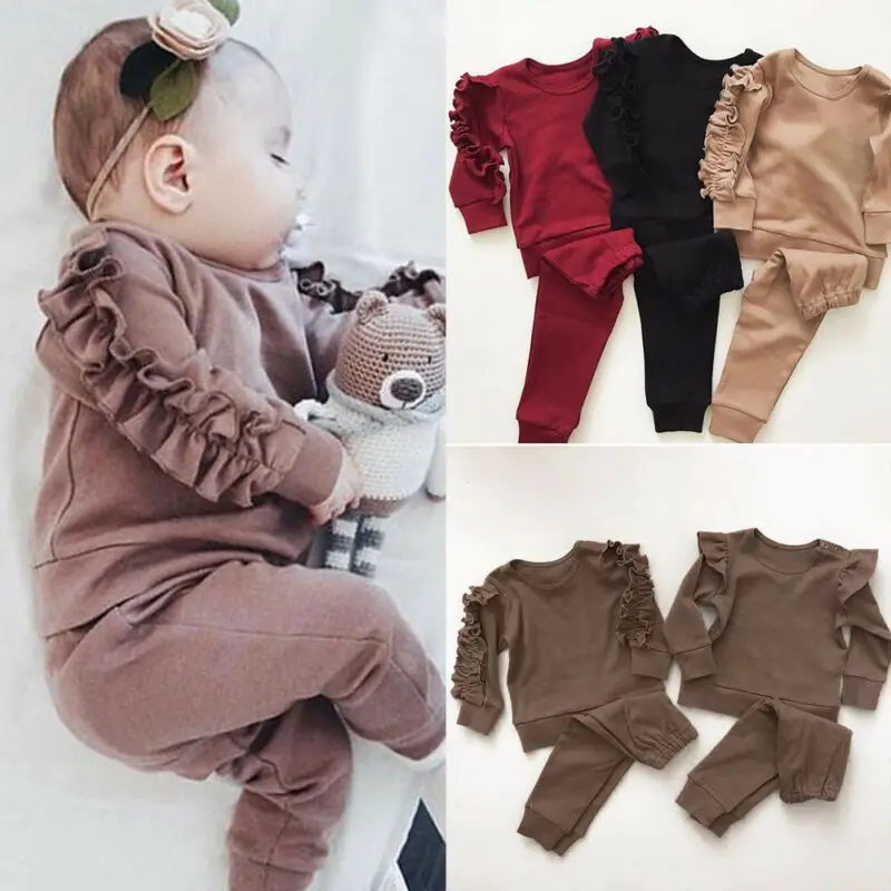 

Newborn Baby Boys Girls Ruffles Decor Sweatshirt + Pants Solid Long Sleeve Infant kids Fall clothes 3 Color