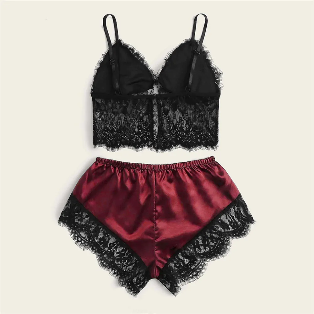 

2020 Women's Sleepwear Sexy Lace Pajama Set V-neck Pyjamas Sleeveless Hollow Out Cami Top Short Pijama Mujer Domestic Wear
