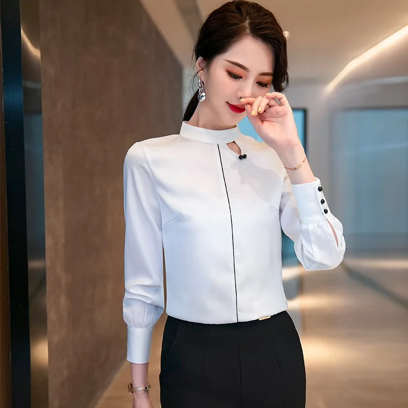 

High-quality plus size women's S-4XL temperament office shirt Casual solid color slim long-sleeved ladies bottoming shirt top