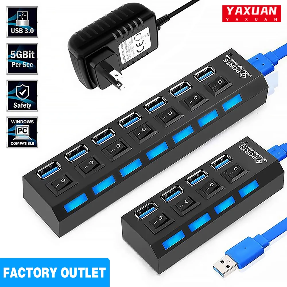 

USB Hub 3.0 Portable Multiple USB Splitter Hub use Power Adapter 4/7 Port Multiple Expander 2.0 USB 3 hub for PC Mac,with Switch