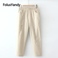 stretched women pants plus size casual trousers elastic waist hole pencil pants kkfy5617