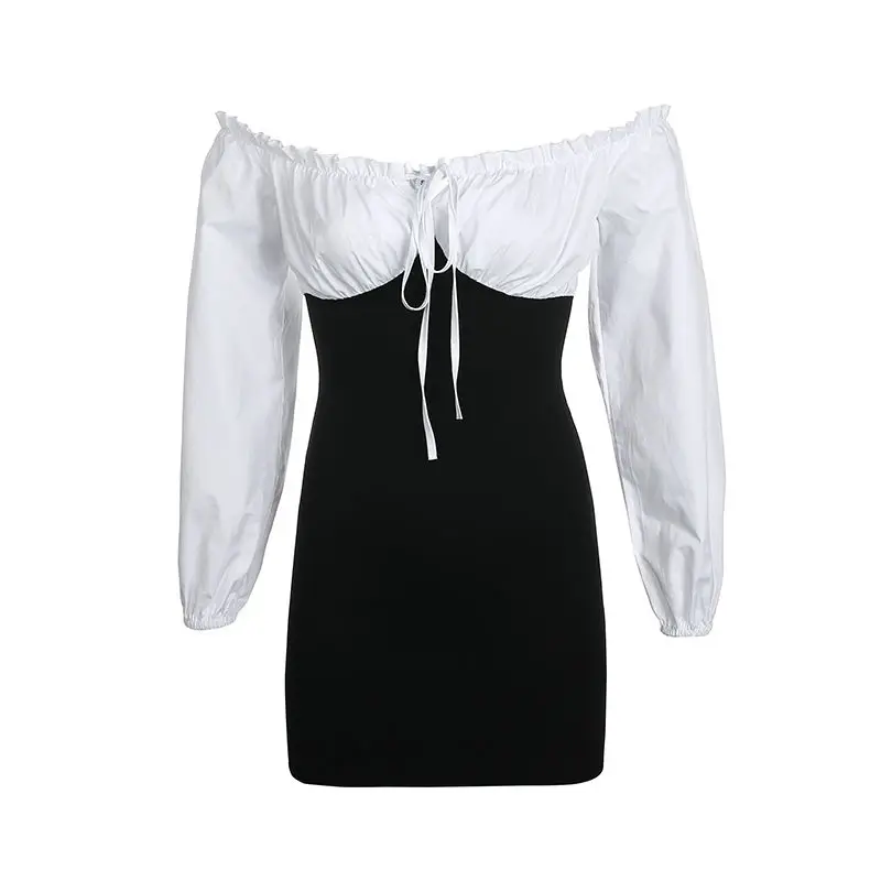 

Long Sleeve Dress Women Slash Neck Sexy Sheath Patchwork Mini Dresses Female Elegant Puff Sleeves Panelled Slim Bow All-match