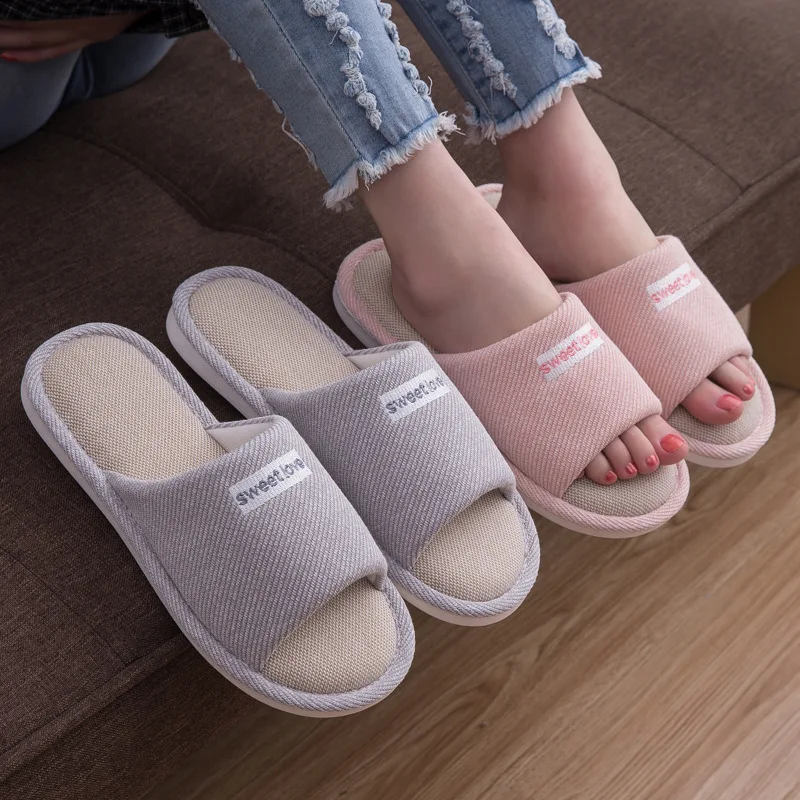 Winter Warm Home Women Fur Slippers Open Toe Shoes Soft Indoor Bedroom House Female Men Non-Slip Flax Linen Slipper Floor Shoes