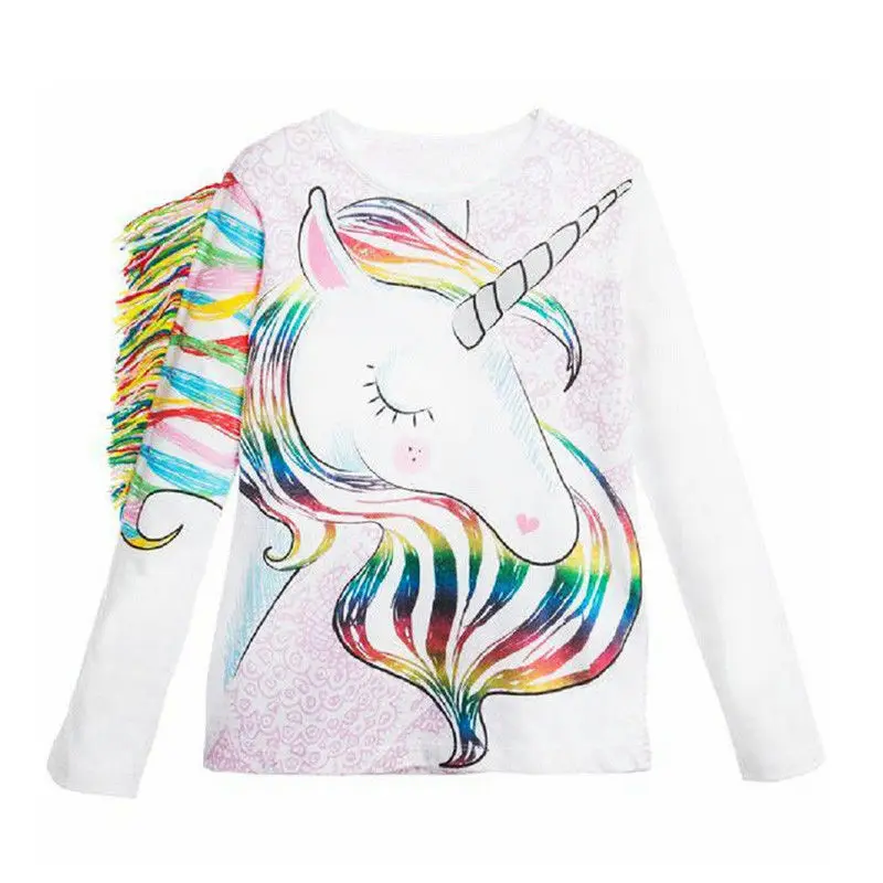 

2018 New Arrival Toddler Kids Girls Unicorn Long Sleeve Tassles T-shirt Kid Girl Summer Tops T-shirt Clothes Tees ropa de bebe