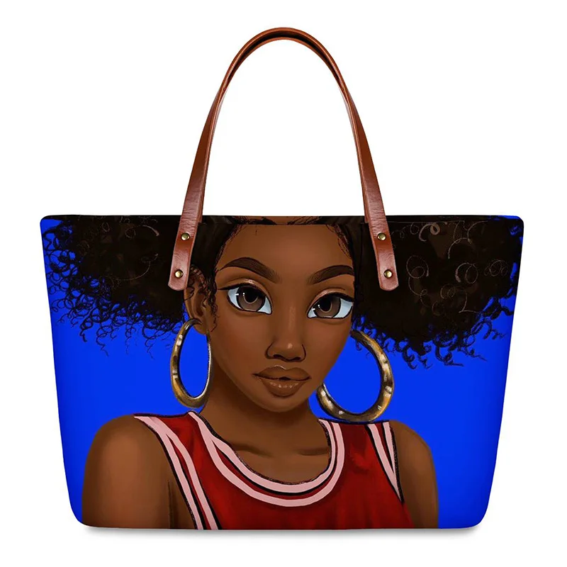 

HYCOOL New Women Tote Hand Bags Basketball Top Art African Girl Pattern Diving Cloth Material Handbag Shoulder Bag for Female