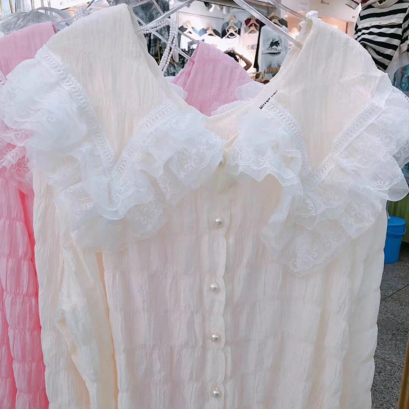 

Kimotimo Kawaii Shirt Oversize Peter Pan Collar Lace Pink Long Sleeve Sweet Blouse and Tops Autumn Elegant Casual Blusas Femme