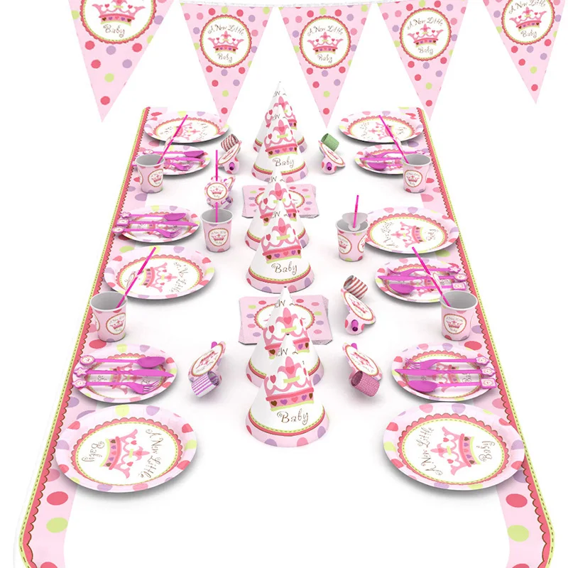 

66 Pcs/set Pink Crown Theme Birthday Party Banquets Decoration Props Pink Paper Banner Girl Birthday Hat Cake Tableware Supplies