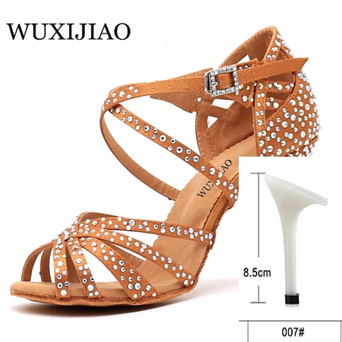 bronze heel 8.5cm WUXIJIAO Женская танцевальная обувь для вечеринки Атласная блестящая обувь для латинских танцев с мягкой подошвой и стразами Женская обувь для сальсы heel5CM-10CM - Цвет: bronze heel 8.5cm